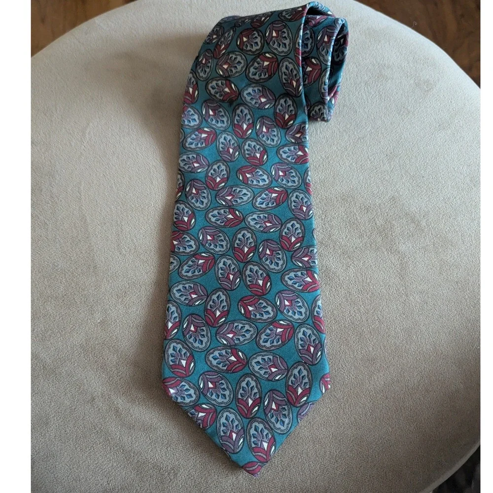 Christian Dior Monsieur Silk Tie Teal Burgundy Medallion Geometric Woven‎ Italy